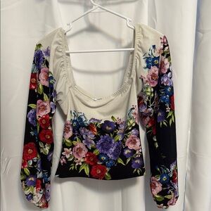 Fashion Nova Cream and Red Ruched Long Sleeve Blouse